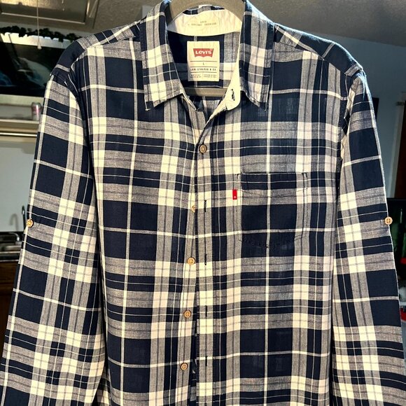 Levi's Slim Fit Blue & White Plaid Linen Blend Long-Sleeve Button-Up SZ Lrg - Picture 1 of 5